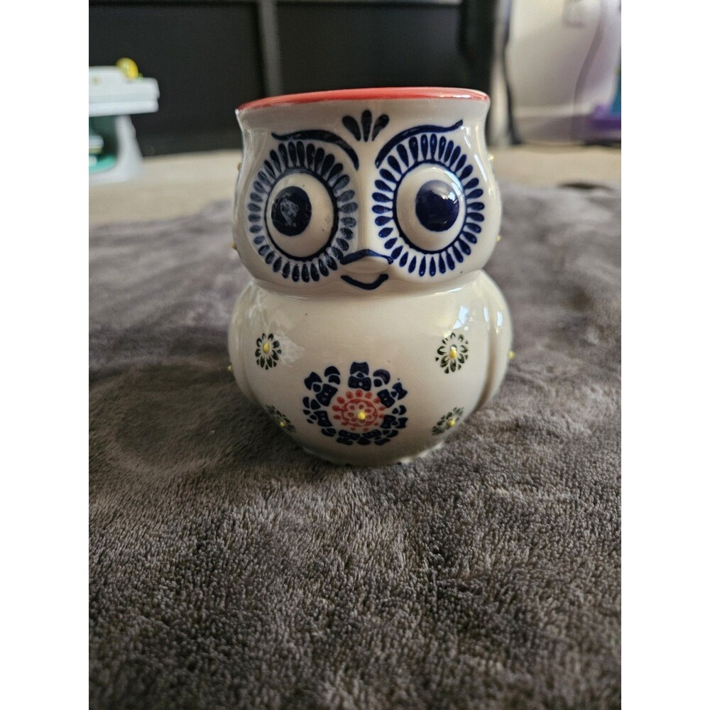 Hand Painted Yokohama Studio Owl Mug 14oz. Flowers Red Handle Coffee Tea